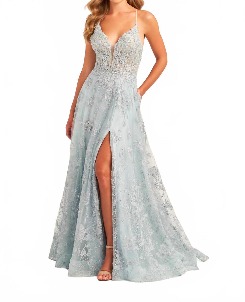 NEW ELLIE WILDE embroidered beaded evening dress in sea mist
